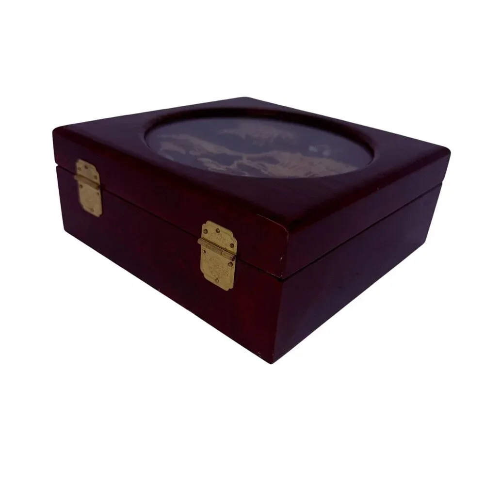 Vtg Chinese Diorama Lacquered Jewelry‎ Box with Inlaid Scene Red Silk Interior